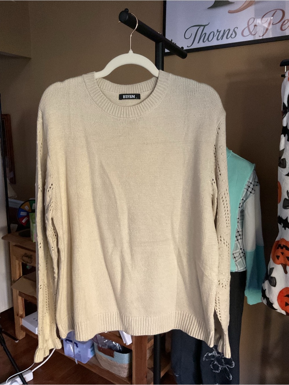BTFBM Cream Crewneck Sweater — Lightweight Pointelle Sleeve Knit